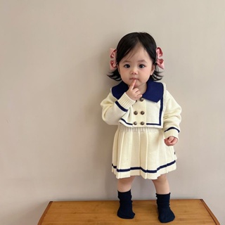 女童秋季洋裝 海軍風裙子 女寶寶週歲洋氣公主 百褶裙兒童針織裙子
