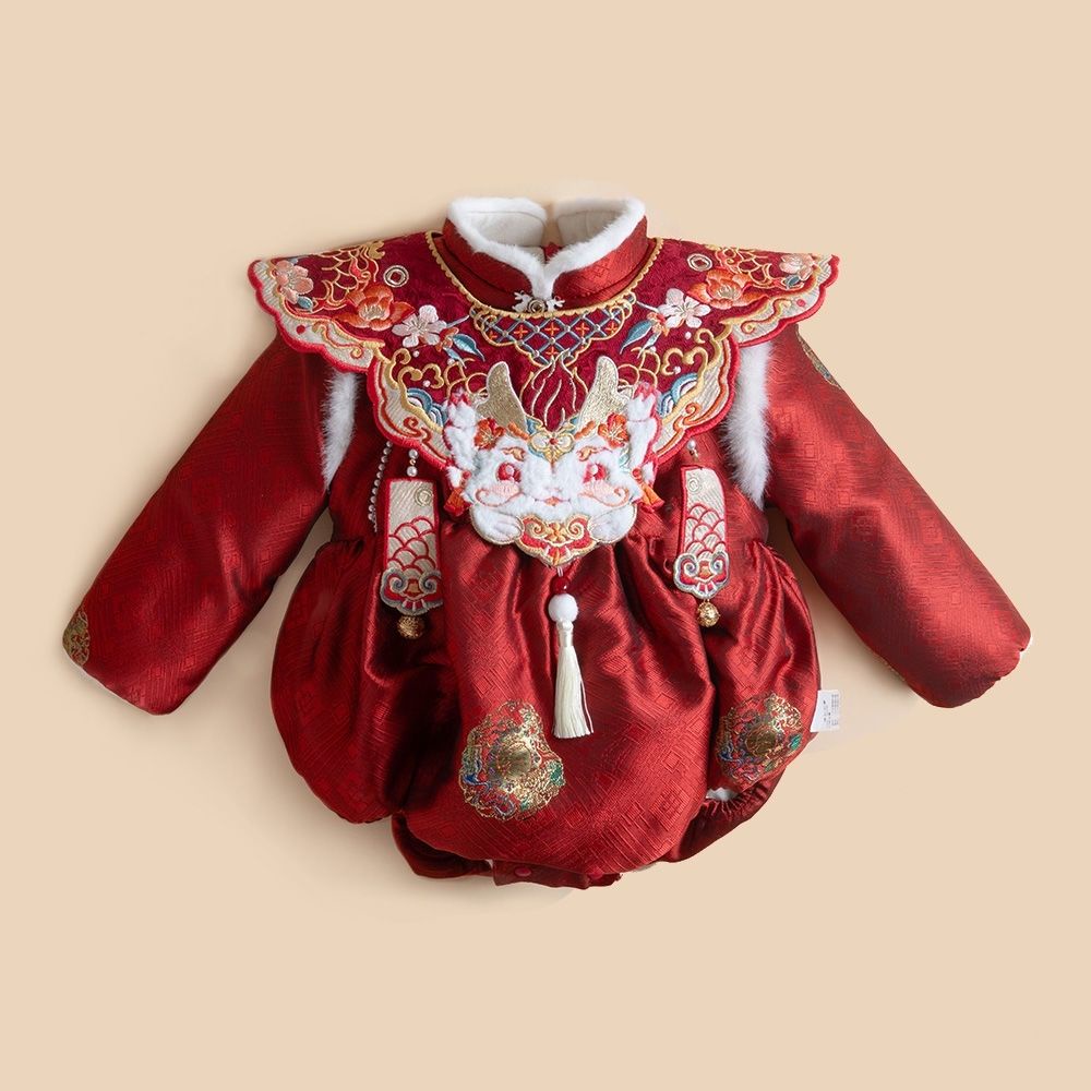 嬰兒 冬季 刷毛加厚 漢服 寶寶連身衣 爬服 中式 週歲滿月 唐裝 絲綢 禮服 拜年服 喜慶