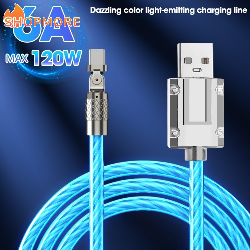 120w 6A USB C Type C RGB 彩色漸變發光快速充電線簡單鋅合金通用手機 180° 用於玩遊戲的可旋轉