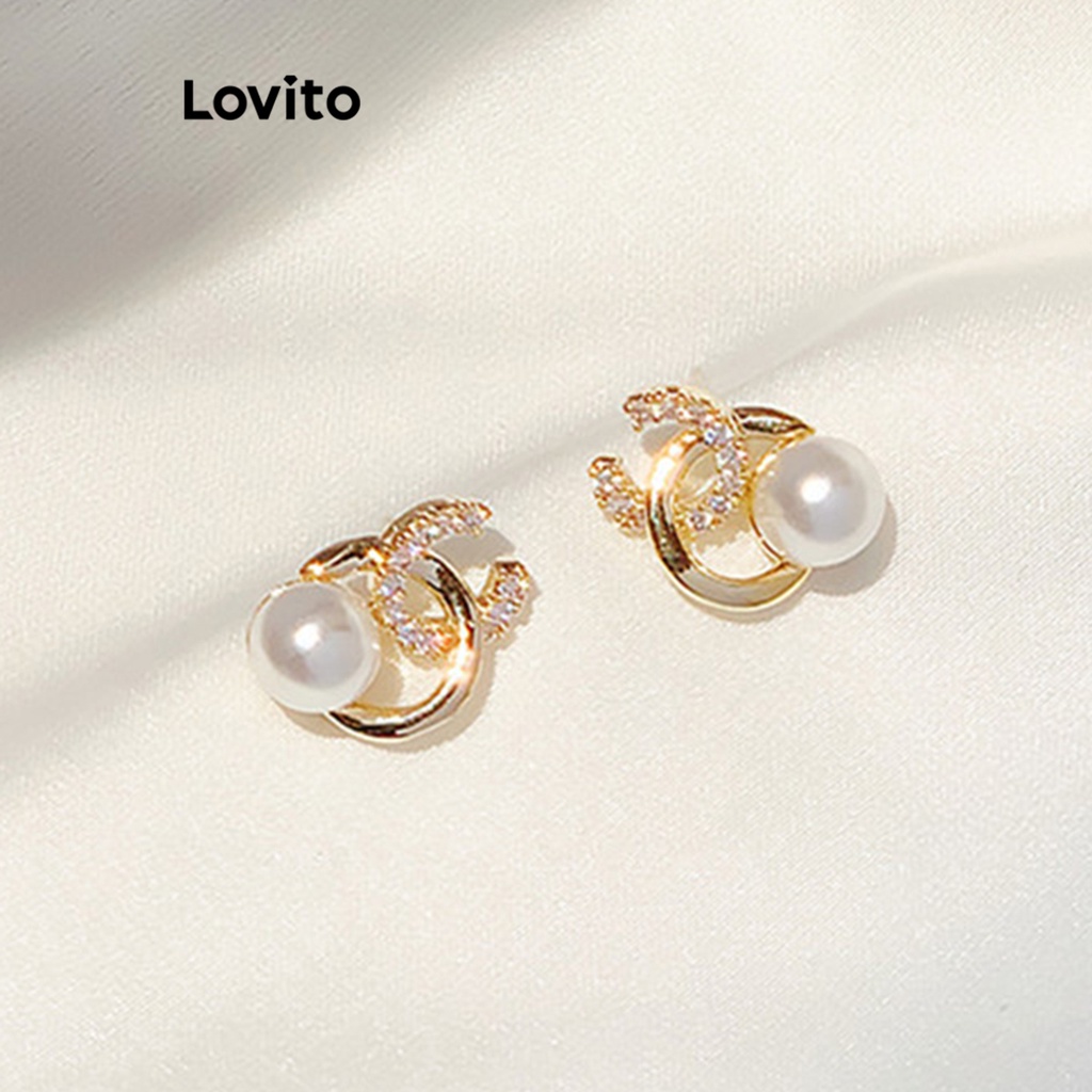 Lovito 優雅字母珍珠法式復古女士耳環 LFA13221