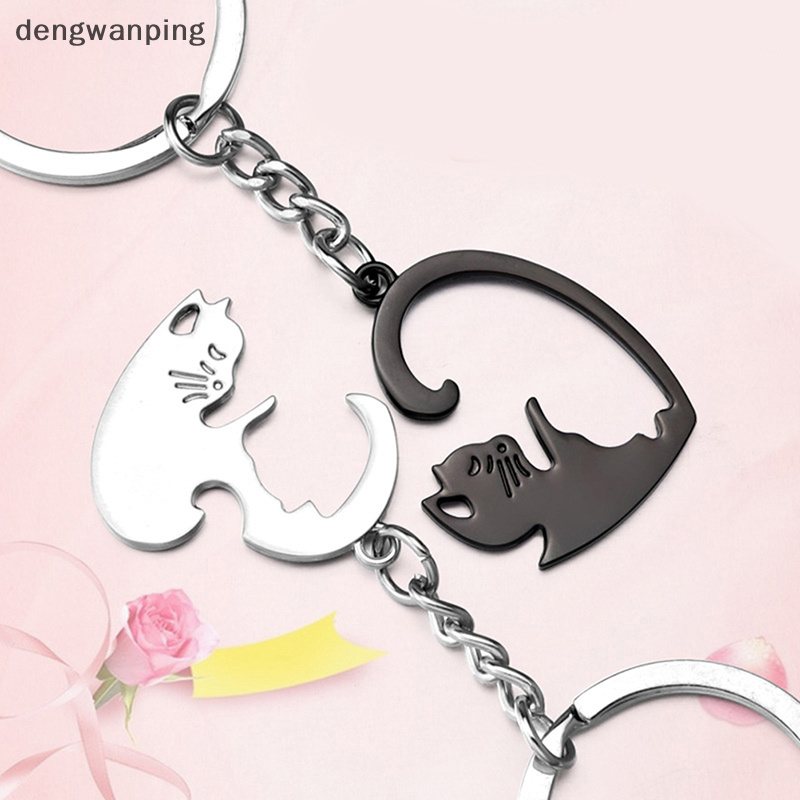 [dengwanping] 2 件裝可愛黑貓鑰匙扣拼布心形圓形情侶情侶鑰匙圈不銹鋼背包汽車鑰匙圈掛飾 [TW]