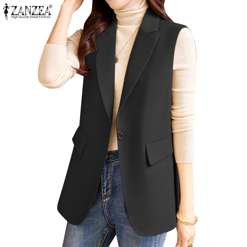 Zanzea 女式韓版無袖裝飾口袋翻蓋一粒扣西裝背心