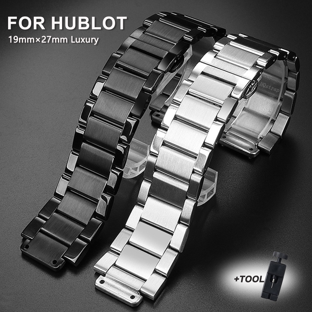 HUBLOT 19mmx27mm 實心不銹鋼錶帶適用於宇舶錶帶折疊蝴蝶扣銀黑色金屬錶帶男士商務腕帶手鍊豪華皮帶手錶配件