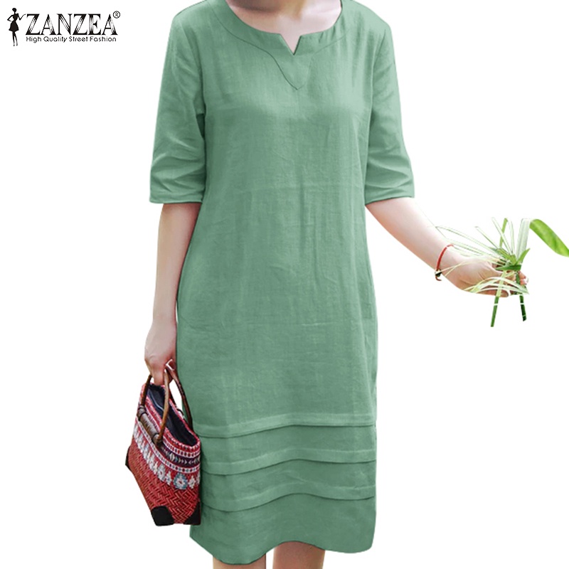 Zanzea 女式休閒 V 領 3/4 袖腰部條紋純色寬鬆連衣裙