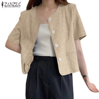 Zanzea 女士漢族優雅休閒圓領短袖寬鬆口袋西裝外套