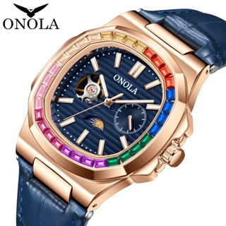 ONOLA 3855 日月星晨 鏤空 彩虹鑽 手錶 牛皮帶 防水 機械錶