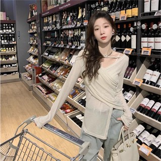 📣ruby’s shop 均碼 衣服女 生上衣 設計款 服飾 韓 氣質v領長袖T恤不規則空調衫薄款防曬罩衫設計