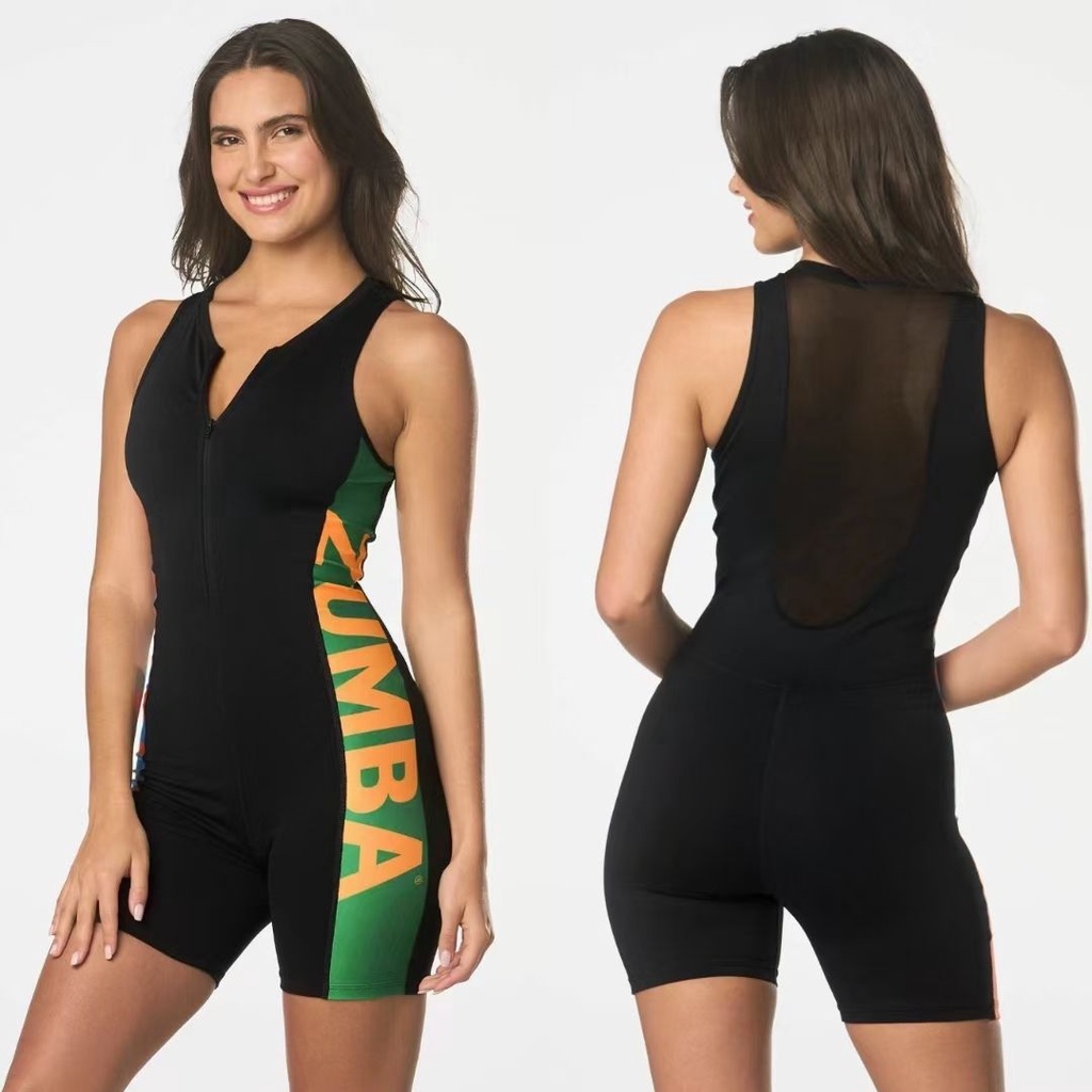 Zumba 2023新款女裝運動緊身連體泳衣黑色拼色
