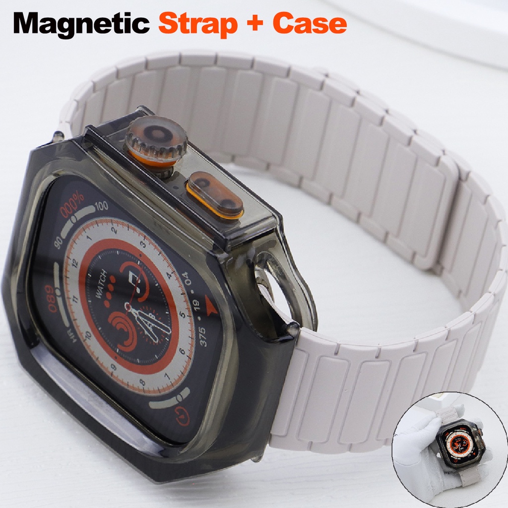 磁性矽膠錶帶和錶殼錶帶手鍊兼容 Apple watch 49 毫米透明錶殼 Apple watch series 9 8