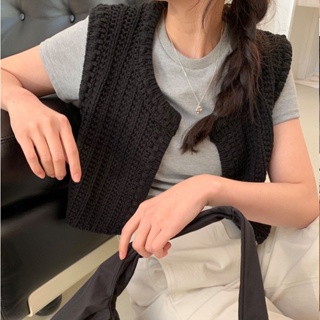 韓系女版緊身顯瘦秋裝新款時尚復古編織百搭針織短版馬甲