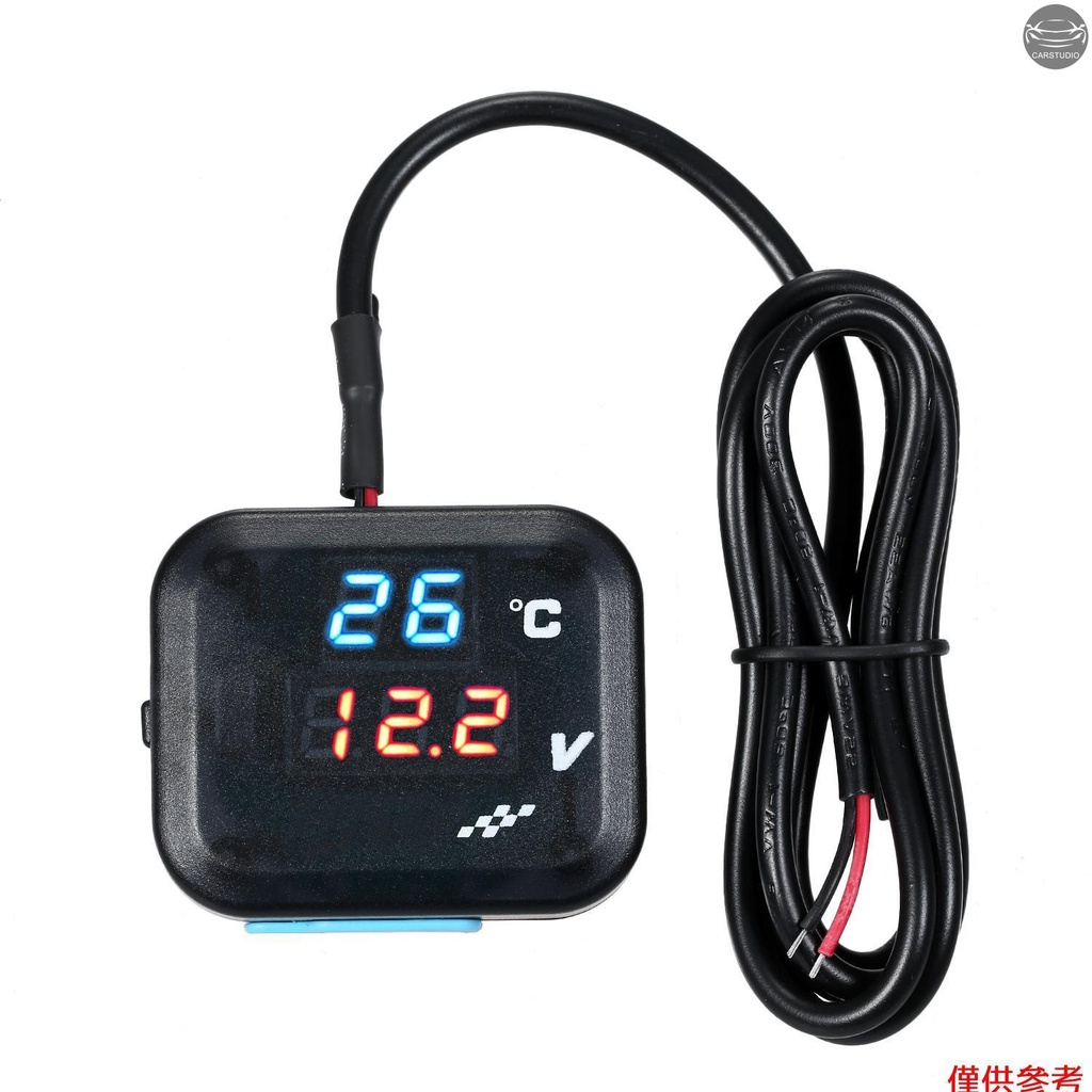 數位電壓溫度監視器測試儀摩托車電池電壓表溫度計檢測器溫度電壓錶帶藍/紅光 LED 顯示