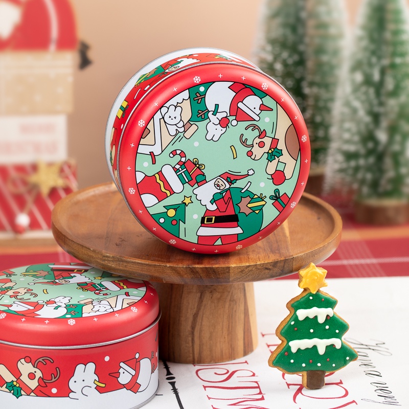 【現貨】【耶誕節鐵盒】耶誕 創意 馬卡龍曲奇餅乾可可脆片包裝盒 牛軋雪花酥糖果圓形鐵罐盒