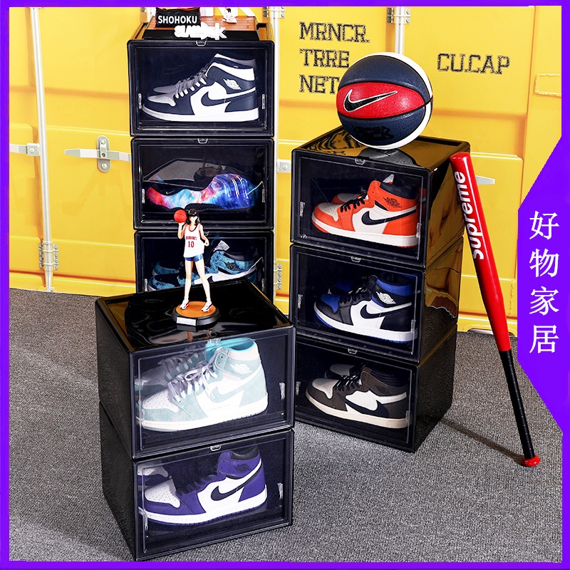 🔥台灣出貨🔥透明鞋子收納盒 創意帶蓋按壓滑蓋式aj鞋盒 疊加防塵收納盒