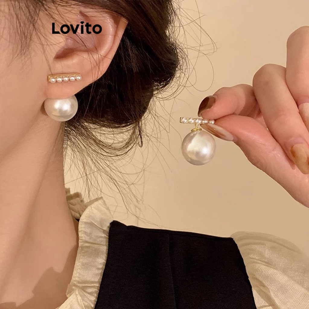 Lovito 女士優雅素色珍珠耳環 LFA05012 (金色)