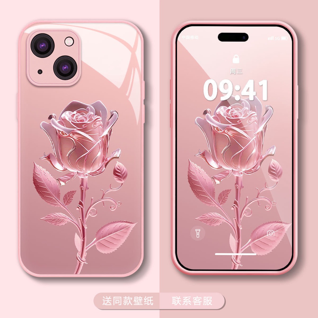 SAMSUNG 【新福利】粉色玫瑰玻璃手機殼適用於 Iphone 15promax14plus13promax 12 1