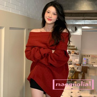 Maggnolia-女士寬鬆針織毛衣純色船領長袖脫落露肩上衣