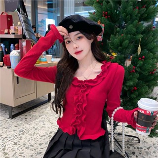 少女感木耳邊不規則長袖T恤女 春秋新款 修身顯瘦打底衫上衣 外穿爆款純色長袖上衣 甜美百搭長袖針織上衣