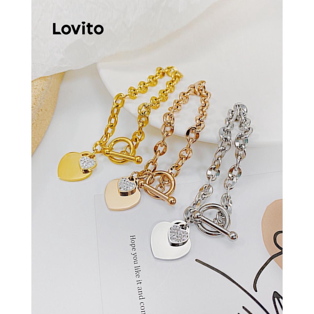 Lovito 女士休閒素色心形鏈水鑽手鍊 LCS05103