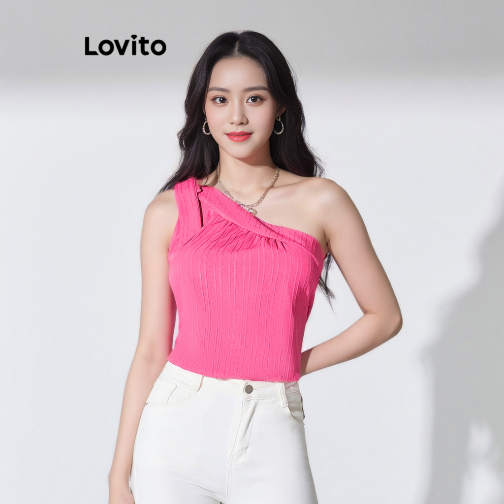 Lovito 女休閒素色不對稱撞色領帶襯衫 LBL07153