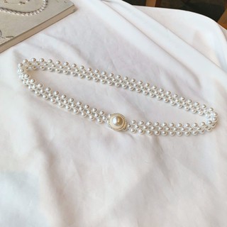 現貨.韓版珍珠腰帶女士鑲鑽彈力珍珠腰鏈女裝飾配洋裝束腰百搭鬆緊皮帶女