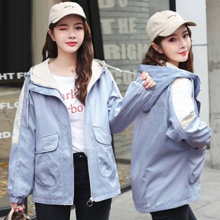 🌟Lovely愛出貨🌟拼接風衣女短外套2023春秋新女士時尚寬鬆休閒小個子連帽學生外套