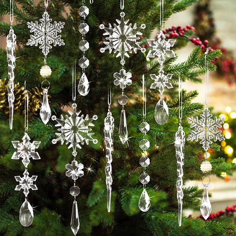 Yurong 透明亞克力奧地利雪花珠串冰條 扁水滴耶誕飾品 水晶燈吊燈檯燈吊飾