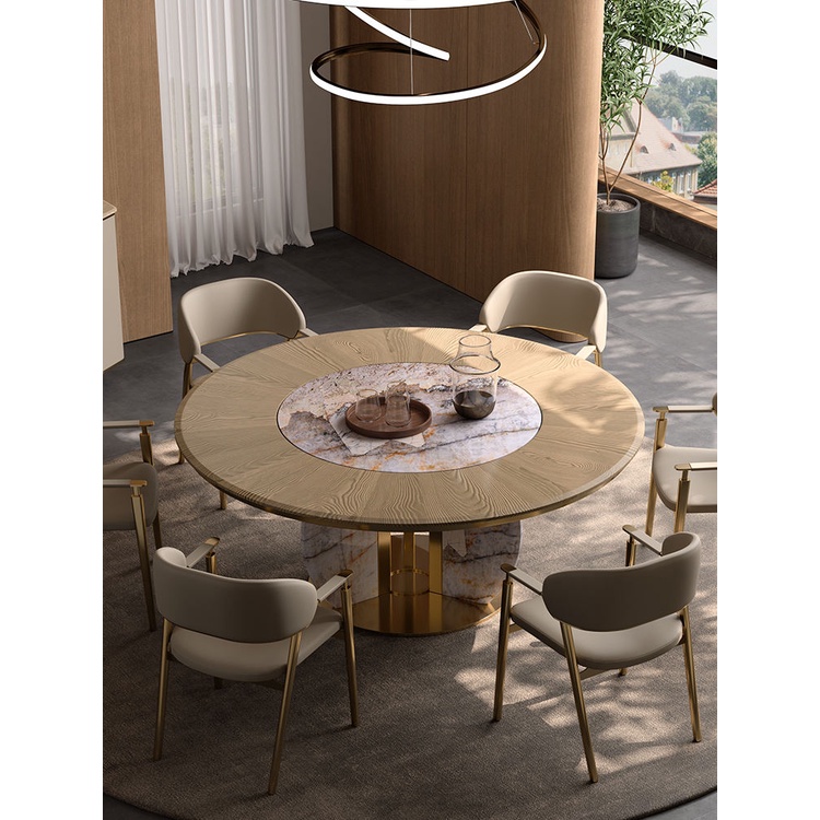 【工廠 現貨】 實木圓餐桌現代極簡圓桌內嵌式可旋轉轉盤輕奢白蠟木飯桌