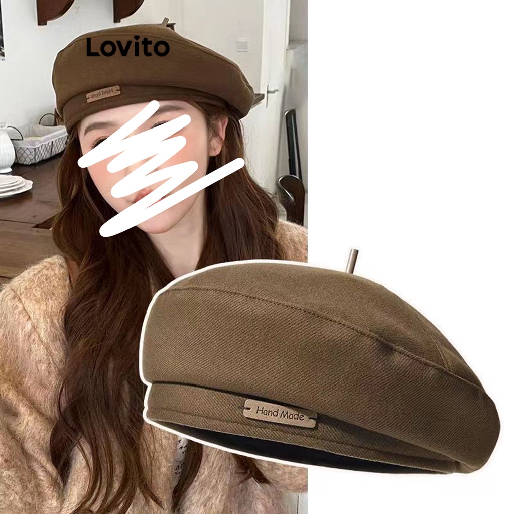 Lovito 女休閒素色拼接帽子 LFA08162 (咖啡色/米白色/黑色)