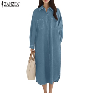 Zanzea 女士韓版日常休閒時尚貼袋純色襯衫裙