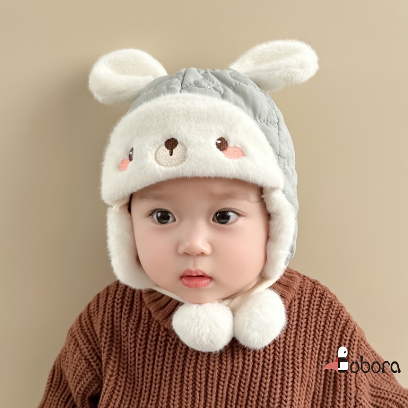BOBORA 男女寶寶可愛超萌小兔刷毛雷峰帽 加厚護耳帽 嬰兒帽子