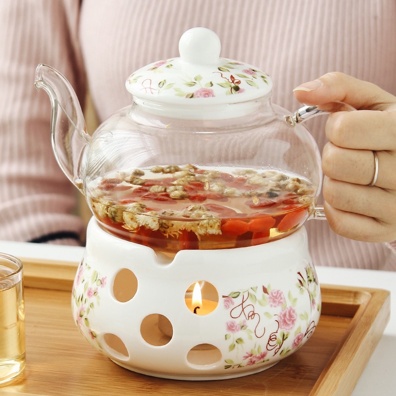 免運 陶瓷花茶壺 花茶具透明杯玻璃花草水果花果茶壺耐熱蠟燭加熱套裝