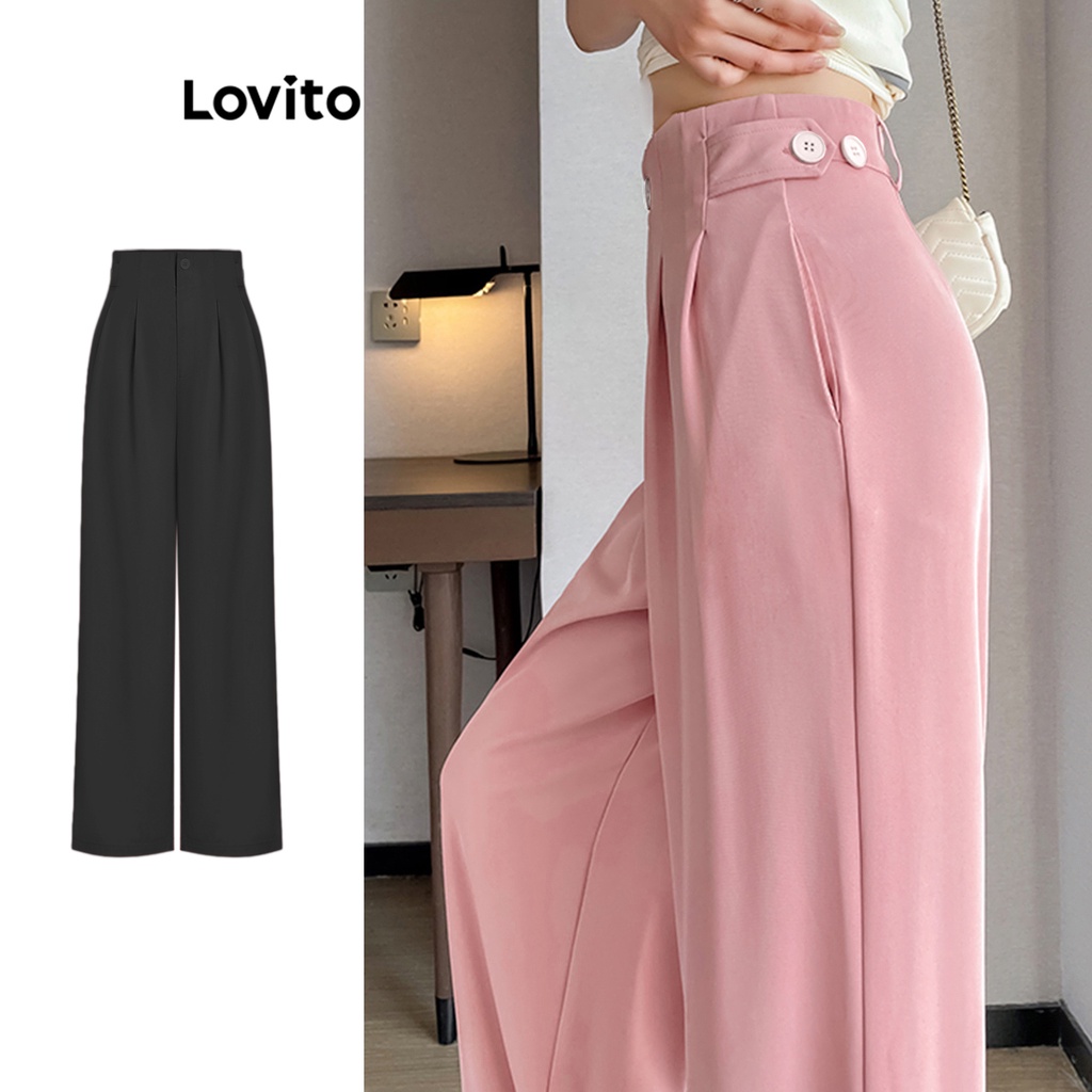 Lovito 女式優雅素色褶襉鈕扣長褲 L62ED099 (粉色/黑色)