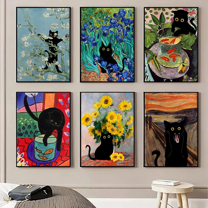 有趣的貓藝術海報黑貓梵高的向日葵印刷現代油畫畫布蒙娜麗莎圖片客廳裝飾