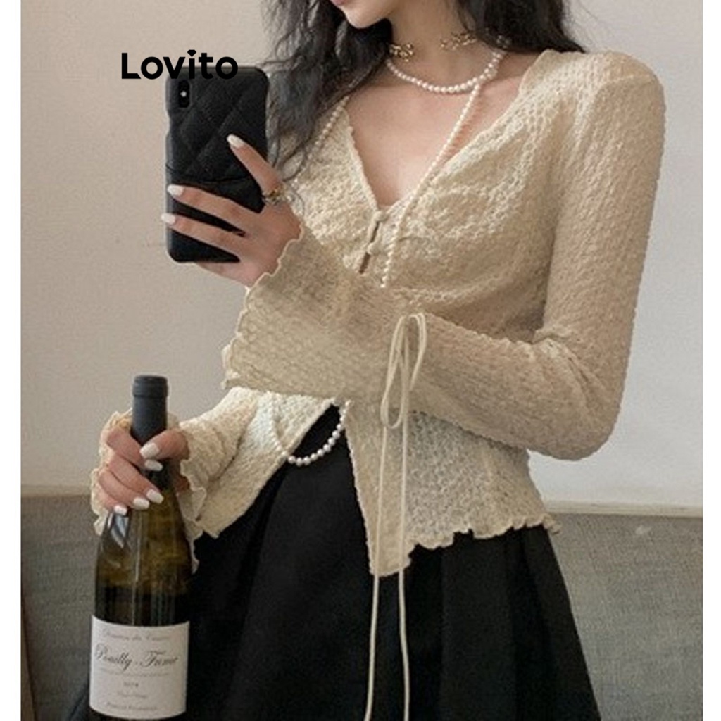 Lovito 女士休閒純色鈕扣繫帶襯衫 LNA17214 (杏色)