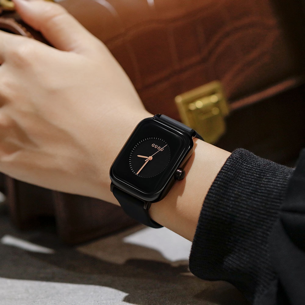 GUOU古歐手錶 女 簡約 新款 時尚 潮流 女士 矽膠錶帶 小方表 運動手錶 女