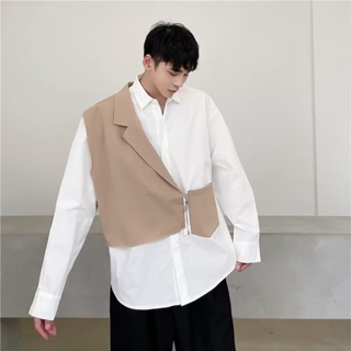 日本男士流行款式時尚長袖襯衫拼接大碼中性垂褶襯衫