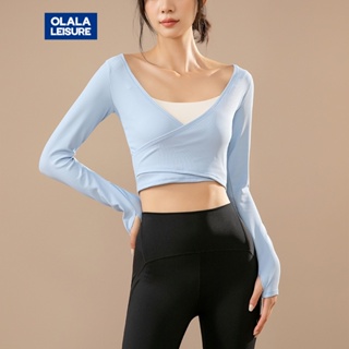 OLALA 新款瑜伽服女跑步運動速乾羅紋長袖緊身顯瘦交叉露肚瑜伽上衣（不包括内衣）