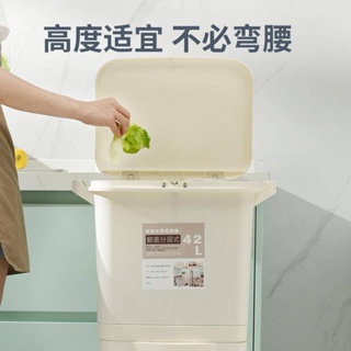 42L日式廚房垃圾桶 廚房收納桶 家用按壓帶蓋垃圾箱 雙層幹濕分離垃圾分類桶