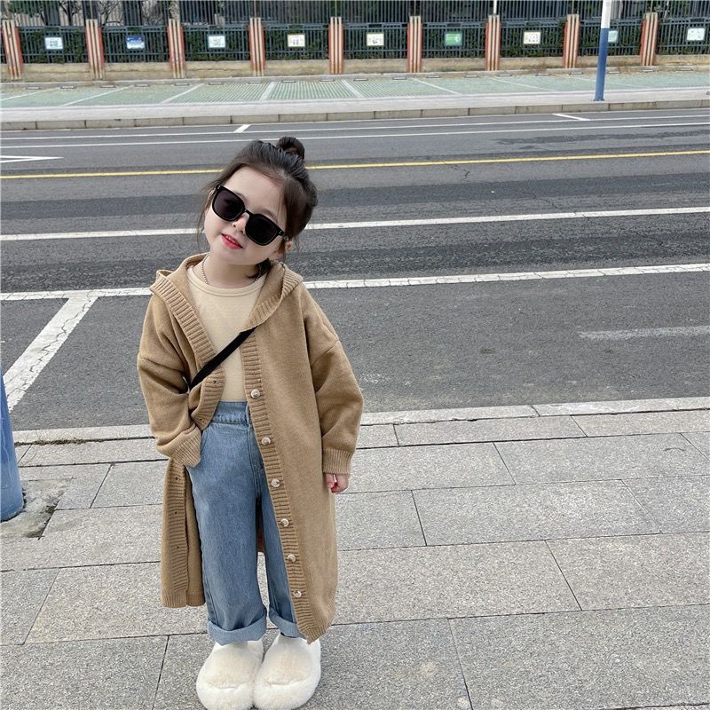 韓版女童長款針織連帽小外套上衣 女童外套 女童長版外套 女寶寶百搭毛線外套 兒童風衣外套 童裝