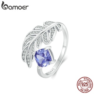 Bamoer 925 純銀戒指羽毛開口戒指設計時尚首飾禮物女士