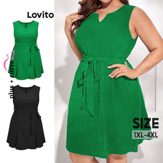 Lovito 大尺碼女款波西米亞風繫帶提花洋裝 LBE05147 (綠色)