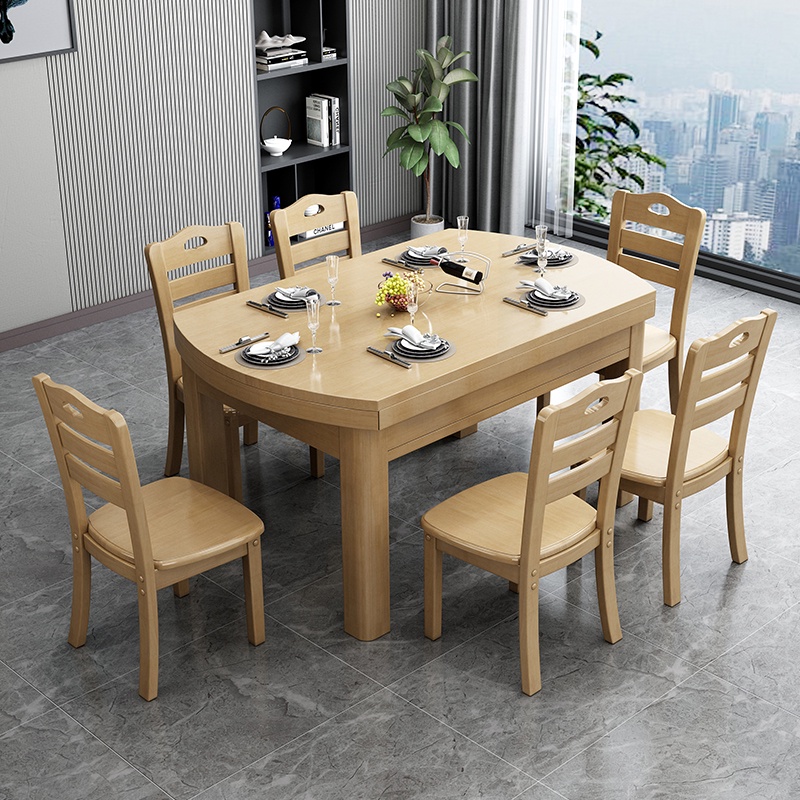 實木變圓餐桌現代簡約家用小戶型可伸縮10人長方形摺疊吃飯桌子