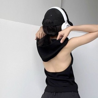 💗特價熱銷💗辣妹設計感連帽露背掛脖衛衣女春鞦新款黑色高階顯瘦無袖T恤上衣