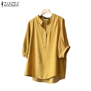 Zanzea 女式時尚 3/4 泡泡袖休閒寬鬆 O 領襯衫