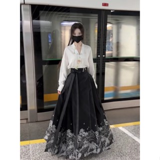 【❤️桃喜Rich女裝】印花馬面裙 漢服套裝 黑色馬面裙 國風V領白色上衣 新中式漢服 改良版半身裙 漢元素