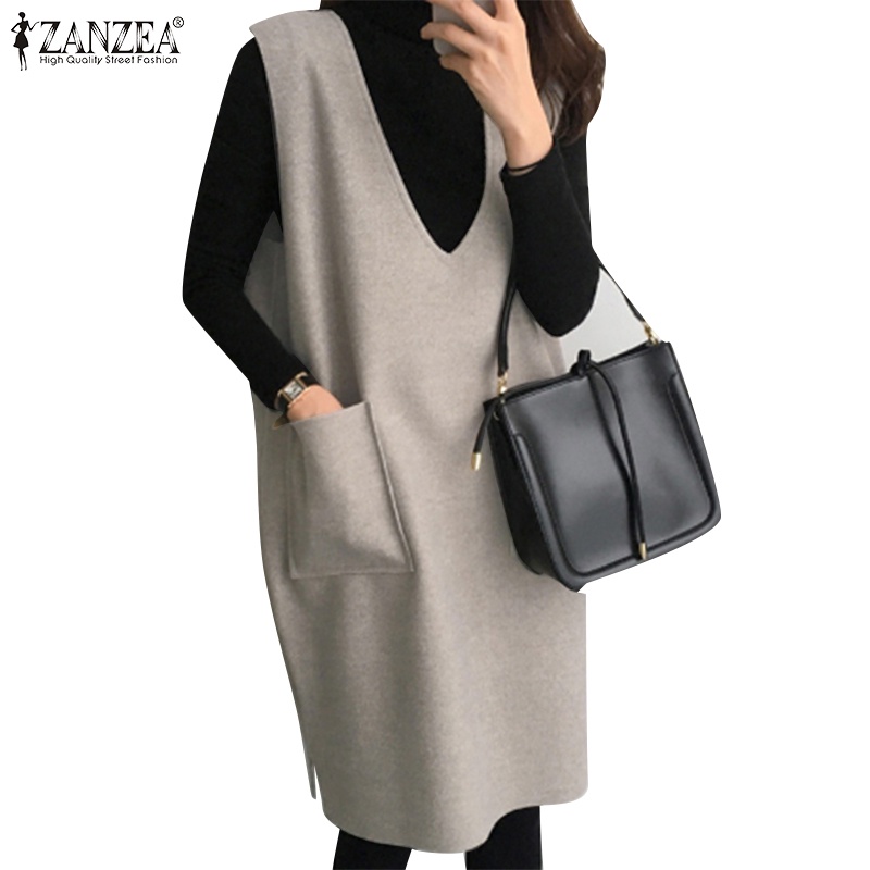 Zanzea 女式韓版休閒純色無袖 V 領寬鬆連衣裙