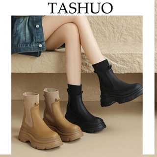 TASHUO 針織口拼接切爾西馬丁短靴女2023新款秋冬季鬆糕厚底增高韓系時尚