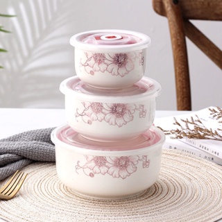 【特惠陶瓷碗三件式】陶瓷保鮮碗便當盒三件式密封盒微波爐碗帶蓋