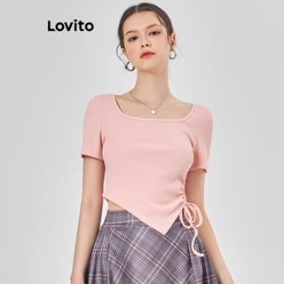 Lovito 女休閒素色抽繩T恤 L68ED252 (粉紅色)