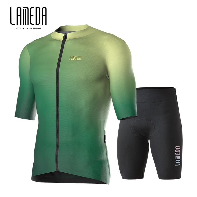 Powerband LAMEDA 綠色漸變騎行服男士短袖夏季緊身公路自行車騎行套裝